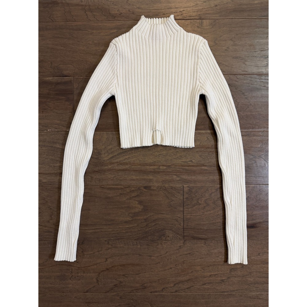 Edikted Cream Ribbed Mock Neck Long Sleeve Crop Top XS/S White Sweater